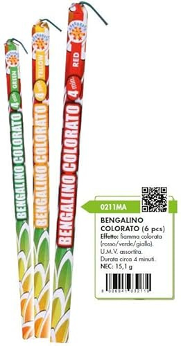 Bengalino Colorato 6 Pezzi F1 – Fiamma Rossa, Verde e Gialla, Durata 4 Minuti – Bengala Fuochi d’Artificio Sicuri per Feste, Compleanni, Capodanno e Matrimoni – Articolo Pirotecnico Categoria F1
