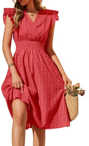 PASUDA Vestidos Verano Mujer Sin Mangas Vestidos Corto Cuello en V Algodón Elegante Dress de Manga con Volantes Cintura Alta Elástica Mini Vestido de Playa Sueltos Casual con Bolsillos (Rojo, XL)