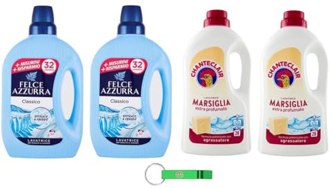 Felce Azzurra Chanteclair - Set di 2 detergenti classici da 1595 ml + 2 marsiglia da 1260 ml + portachiavi Beni Culinari