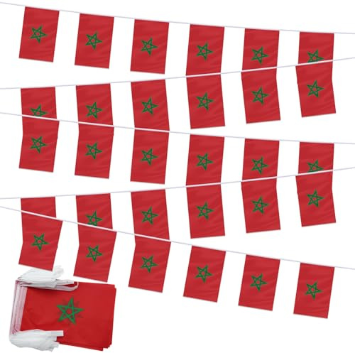 PTEROSAUR Bannière de fanions du Maroc – 14 x 21 cm, 30 drapeaux marocains sur une ficelle de 10 m pour événements sportifs, fêtes à thème, bar, école et décoration d'intérieur