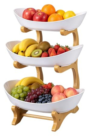 LLHONG 3 Tier Fruit Bowl, Fruit Bowls for Kitchen, 3 Sizes Fruits Baskets | with Wooden Stand | Fruits Bowl Serving Tray | Vegetable Storage Rack | for Kitchen Home Office Bedroom