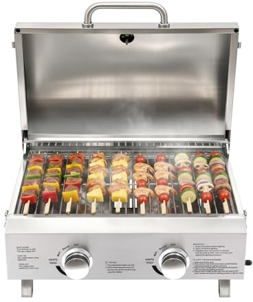 Barbacoa de gas de mesa, 2 quemadores, acero inoxidable, barbacoa de gas, pequeña 22 × 18 × 15 pulgadas, portátil