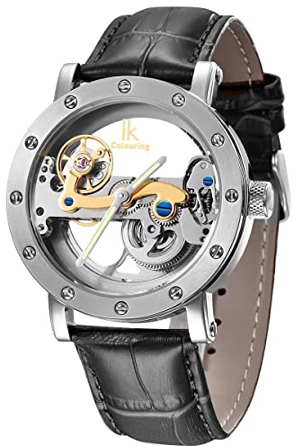 Alienwork IK Montre Automatique Homme Femme Argent Bracelet en Cuir Noir Squelette Fond de Verre