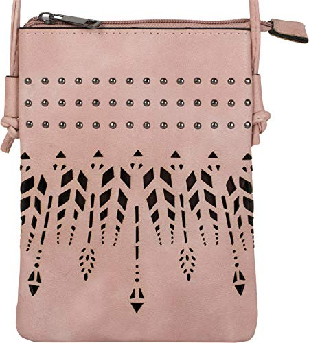 styleBREAKER Damen Mini Umhängetasche Ethno Nieten Boho | Crossbody-Bag (14x19 cm) mit Cutout-Muster, Hauptfach mit Zipper, offenes Rückfach, 130 cm Schulterriemen.