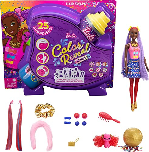Barbie HBG40 - Color Reveal Bows Haarwechsel Puppe, Glitzerblau Spielset mit 25 Überraschungen rund um Haarstyling und Party, ab 3 Jahren