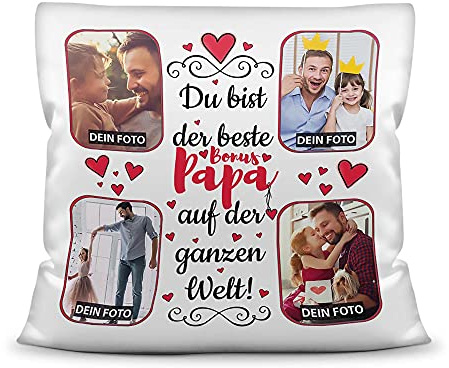 Print Royal Kissen mit Füllung zum selbst Gestalten mit 4 Fotos - Für den besten Bonuspapa - Hochwertige Kissenhülle mit Reißverschluss, Weiß, 40 x 40 cm