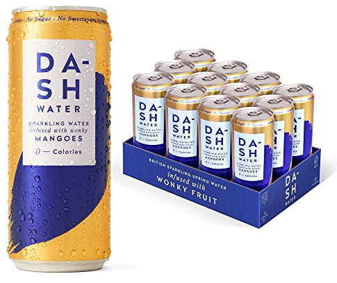 DASH Water Mango - 12 x Mango Flavoured Sparkling Spring Water - NO Sugar, NO Sweetener, NO Calories - Infused with Wonky Fruit (12 x 330ml cans)