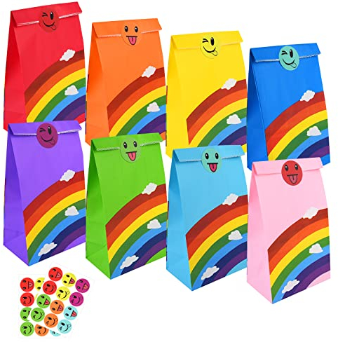 Flintronic Geschenktüten, 20 Stück Regenbogen Papier Partytüten, Papiertüten mit süßen Aufklebern Taschen Krafttüten für Kinder Party, Feiern, Baby Geburtstag, Halloween, Weihnachten,Christmas