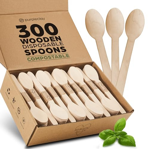 PURPLECLAY Disposable Wooden Spoons for Eating – 300 Pack Wooden Disposable Spoon, FSC Certified Wood Small Compostable Spoons, Biodegradable Wood Cutlery, Plastic-Free Utensils for Parties in Bulk