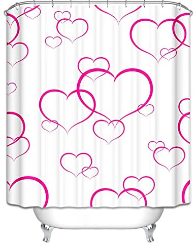 EHOMERY Duschvorhang Leinen Duschrollo Dunkel Herzen Duschvorhang Jalousie Duschrollo Textil Polyester Weiß Lila Rostfreie Ösen Und 12 Hakenringe, 180X200Cm