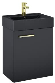 VBChome Juego de muebles de baño de 45 cm, color negro mate, lavabo con armario colgante montado, armario de baño con armario bajo de cierre suave, moderno tocador de 1 puerta, elegante y ahorra