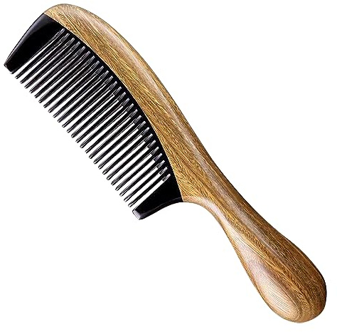 Handmade 100% Natural Green Sandalwood with Buffalo Horn Hair Comb - Anti-static Natural Sandalwood Hair Detox Wooden Comb (Fine Teeth)