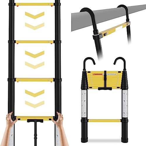 SWANEW 2.6M Teleskopleiter mit Softclose, EIN-Knopf-Rückzugs Teleskopleitern mit 2 Abnehmbarem Haken, Aluminium Teleskop Rutschfester Max Belastung 150 kg (Schwarz)