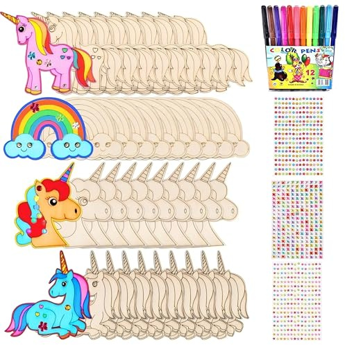 40 Stück Einhorn Bastelset, Holz Einhorn Bastelset zum Bemalen, Kinder DIY Einhörner Holz Deko, Holzbastelsets Mädchen Kindergeburtstag, Holzfiguren zum Bemalen mit Glitzersteine+Aquarellstift