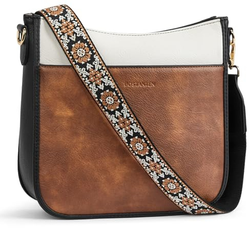 BOSTANTEN Handtasche Damen Mittelgroß Umhängetasche Leder für Frauen | Crossbody Bag mit Verstellbarem Breitem Farbigem Gurt, Tasche mit Vielen Fächern, Schultertasche für Alltag Unterwegs