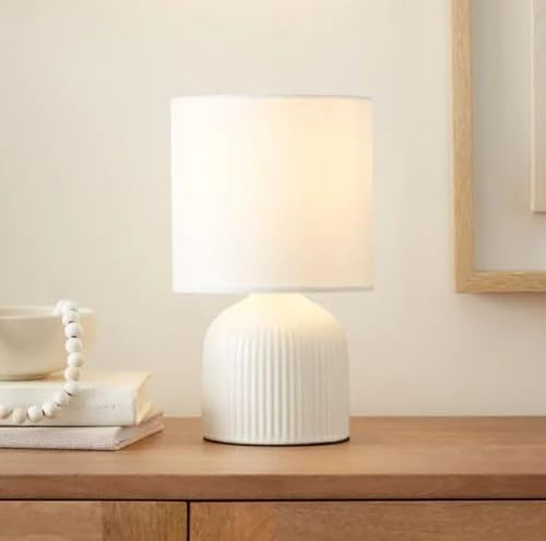 RA-HOMESTORE® New Small But Elegant Ribbed Ceramic Table Lamp Bedside Table Lamp Ceramic Base and Fabric Shade (25cm) (White)