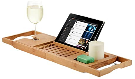 Vassoio da Bagno Portaoggetti Regolabile Vassoio portaoggetti per Vasca da Bagno in bambù con portabottiglie e portalibri, Accessori per Il Bagno