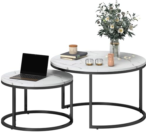 HOMCOM Round Coffee Table Set of 2, 78.5 x 78.5 x 46.5 cm, Marble White