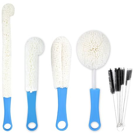 Lot de 4 goupillons à bouteilles, avec 10 brosses à bouteilles, longues, brosse de nettoyage pour bouteilles, avec tête en éponge granuleuse, pour un nettoyage complet, pour le nettoyage des endroits