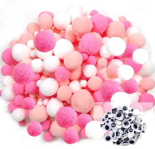 TOAOB 300 Piezas Pompones Grandes de Rosa de 1-3cm Bolas de Fieltro Pompones y 100 Ojos Móviles Negros Para Decoraciones Manualidades Creativas y Decoraciones Bricolaje