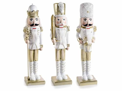 Gruppo Maruccia - Soldats Casse-Noisette de Noël en résine - Décoration pour la maison, idée cadeau de Noël - Couleur blanc et or - Lot de 3