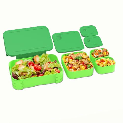 XJIANFU Brotdose Kinder mit Fächern, Auslaufsichere 3 In 1 Bento-Box, Kinder-Lunchbox,Auslaufsicher Fächern,Jausenbox Brotbox für,Mädchen & Jungen,Mikrowelle/spülmaschinenfest(Green)