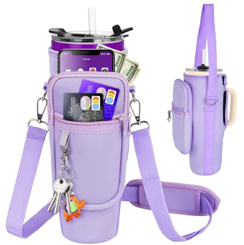 Water Bottle Carrier Bag with Phone Pocket Compatible with Stanley/Meoky 40 oz Tumbler with Handle,Water Bottle Holder Pouch with Adjustable Strap Compatible with Stanley Cup Accessories,Purple