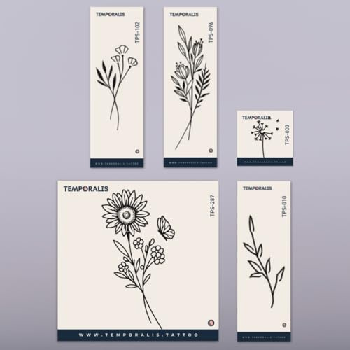 Wildblumen Tattoo Set (5 Tattoos) – Temporalis® | Temporäre Tattoos für Erwachsene – EU-zertifizierte Kosmetik, vegan & wasserfest – Hält 1 bis 2 Wochen