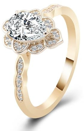 Skcess Goldring Damen 585 Echtgold 14K Ringe Frauen D Moissanit Birne, Hochzeitsringe Blume mit 3 Karat Birnenförmigem Moissanit Ringe Frauen Größe 60 (19.1)