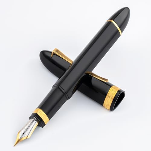 Erofa Majohn V60 - Penna stilografica a stantuffo con pennino extra fine, penna da ufficio in resina triangolare nera e dorata, set con confezione regalo
