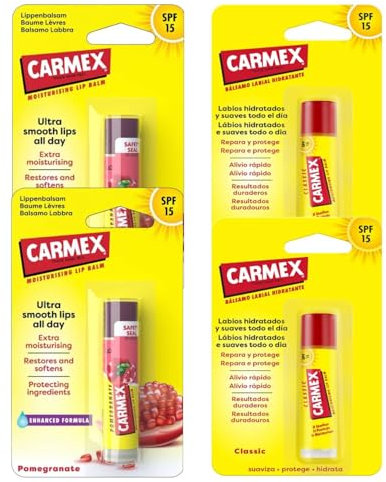 Carmex Feuchtigkeitsspendender Lippenbalsam SPF 15 Set 2 x Classico und 2 x Granatapfel