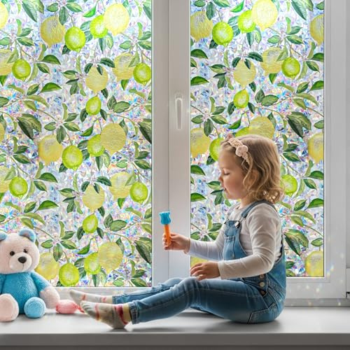 Qualsen Film Fenetre Anti Regard Vitrail, Motif Citronnier, 30x100cm | Brise Vue Fenetre Effet Arc-en-Ciel Motif Décoratif, Film Electrostatique Vitre Non Adhesif Anti UV, pour Chambre Cuisine
