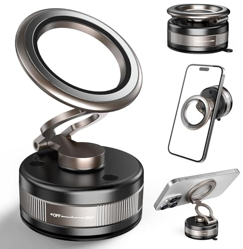 PKBD Vakuum Magnetischer Handyhalterung Auto Magsafe,360° Drehbar,Schwarz | klappbare tragbare Magnet Handyhalterung fürs Auto Samsung und iPhone Montage an Windschutzscheibe/Glatte Oberflächen