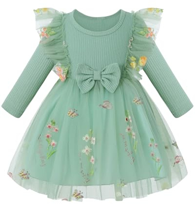 Amissz Girls Long Sleeve Tulle Dress BlumenmäDchenkleider Prinzessin Kleid Mädchen Festzug Langarm Kleider Hochzeit Partykleid Brautjungfern Kleidung Spitze Tüllkleid Geburtstag, Grün, 4-5 Jahre