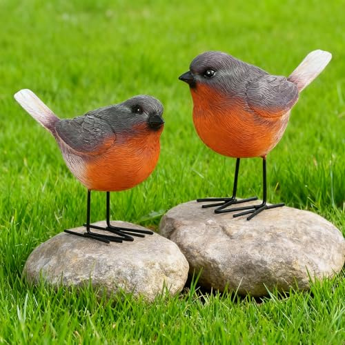 SUNJULY 2Pcs Robin Garden Ornaments Outdoor – Outdoor Resin Bird Statues, Grave Ornaments, Memorial Garden Ornament, Bird Gardens Decorations Robin Gifts for Christmas Or Gardening Gifts