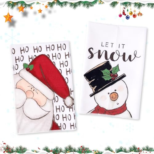 Geschirrtücher Weihnachtsmotiv, Geschirrhandtücher Weihnachten 60x40cm 2er Set, Kweihnachtsdeko Küche, Lustige Geschirrtücher Bunt, Weihnachtstuch mit Weihn. & Schneem. - Strapazierfähig, Saugkräftig