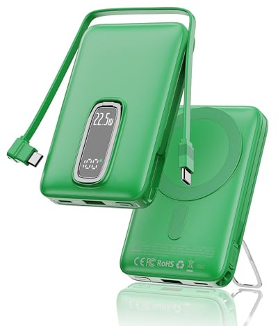 2026 para Magsafe Power Bank con Soporte, Magnética Batería Externa Carga Rapida 10000mAh con Cable USB-C Integrado, Inalámbrica Batería Portatil para iPhone 17 16 15 14 13 12, Verde