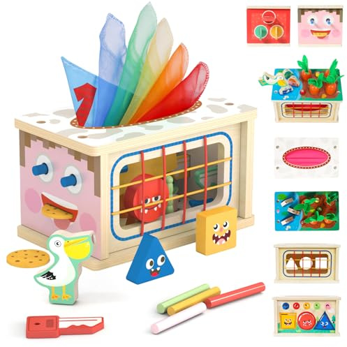Wdmiya 9-IN-1 Tücherbox Baby 6-12 Monate, Holz Montessori Spielzeug 1 2 3