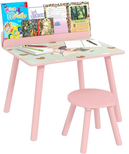 AIYAPLAY Ensemble Table et Chaise Enfant Table pour Enfant avec Chaise avec Porte-Livres Motifs d'ours pour Enfants 3-8 Ans pour Chambre à Coucher, Salon, Salle de Classe, Rose