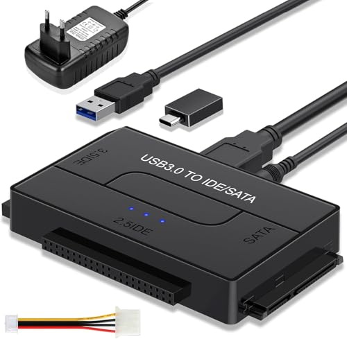 Adattatore da USB 3.0 a IDE/SATA con alimentatore da 12 V, adattatore USB IDE da 2,5/3,5 pollici, adattatore per hard disk USB per HDD SSD CD-ROM DVD, supporta fino a 6 TB, compatibile con Windows/Mac