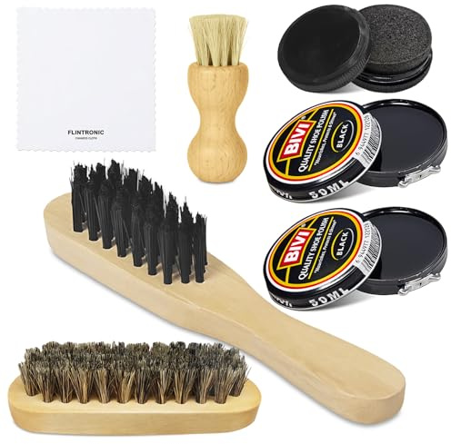 flintronic Kit pour Cirage de Chaussures 7 pièces, 4 brosses applicatrices de Cirage, Brosse & Chiffon Inclus, pour L'entretien Nettoyage et Lustrage de Bottes et Chaussures en Cuir