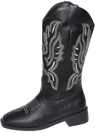 MlYJmer Western cowboy riddare stövlar retro Mid-Calf motorcykelstövlar, svart, 43 EU