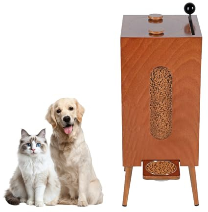 GFUKER Automatic Dog Feeder Cat Food Dispenser 19.8-22lb Capacity, Solid Wood Plywood with Top Refill Port & Glass View Window, Multifunctional Pet Supplies Organizer(High leg 20cm/7.9in)