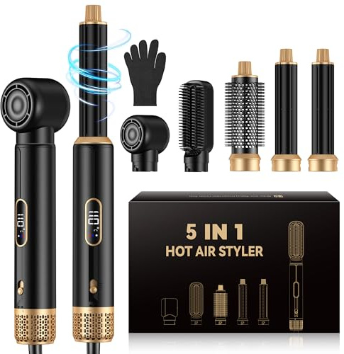 UMIGA 5 IN 1 Hairstyler 1000W Haarstyler, LCD Air Brush Rundbürstenföhn, Lockenstab und Haarglätter, 3 Temperaturstufen für Volumen, Glätten, Locken und Blowout Styling