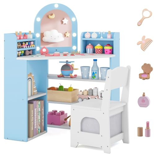 Costzon Kids Vanity with Lights, Corner Vanity Desk with Mirror, Storage Shelves, Wooden Princess Toddler Makeup Dressing Table, Kids Vanity Table and Chair Set for Little Girls (Blue)