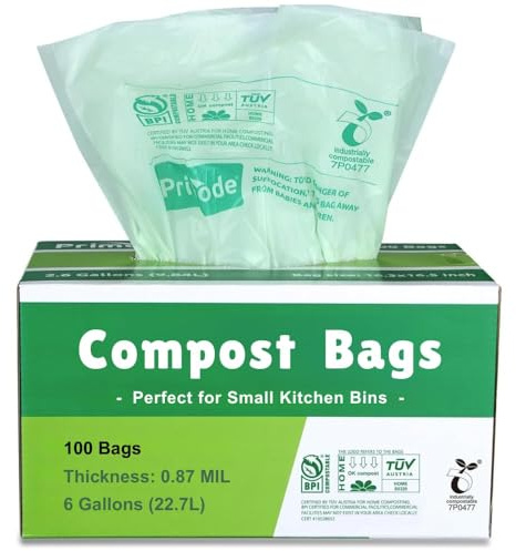 Primode Compostable Bags, 6 Gallon Food Scraps Yard Waste Bags, 100 Count, Extra Thick 0.87 Mil. ASTMD6400 Compost Bags Small Kitchen Trash Bags, Certified By BPI And TÜV AUSTRIA,