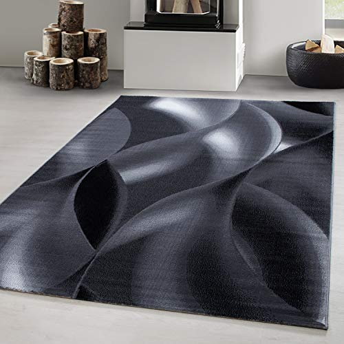 Carpetsale24 Teppich 80x150 cm Schwarz Kurzflor Abstrakt Wellen Design Moderner Läufer für Wohnzimmer Schlafzimmer Flur Küche Esszimmer Kinderzimmer Pflegeleicht Weich
