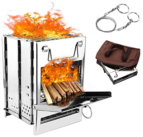 WADEO Réchaud à Bois Portable en Acier Inoxydable avec Sac de Rangement et Scie à Corde, Poêle à Bois Pliable pour Barbecue en Plein Air, Barbecue, Randonnée, Voyage, Pique-nique