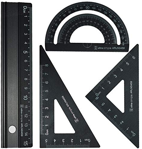 RODMAIE Metall Architekten-Skala Lineal Set 4 PCS Technisches Zeichnungsset, Mathematik Geometrie Werkzeug, Winkelmesser, Dreieck, Architekten Lineal Set für Schüler