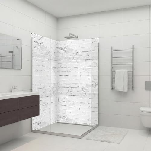 dedeco Eck-Duschrückwand wasserfest Motiv: Ziegelsteine weiß, 2 x 90x200 cm, Badrückwand, Fliesenersatz fugenlos Wandverkleidung Duschplatte Duschrückwände aus Aluminium, Made in Germany